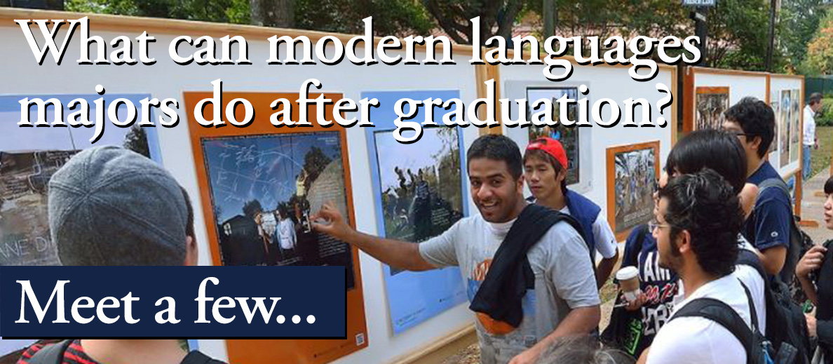 Students observe posters with text in multiple languages, text overlay reads 'What can modern languages majors do after graduation? Meet a few...'